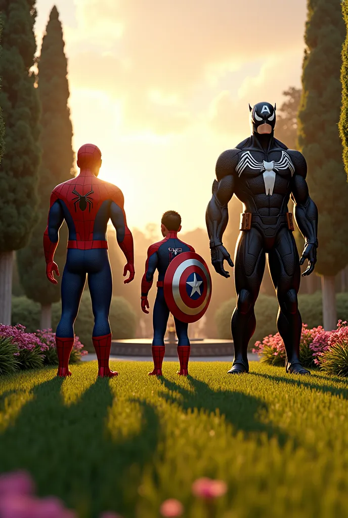 3D render, high-res picture: Spider-Man, Captain America, and Venom are standing in a luxurious garden. The scene is set in a beautifully maintained landscape with vibrant green grass, colorful flowers, and a grand fountain in the center. Tall trees cast l...