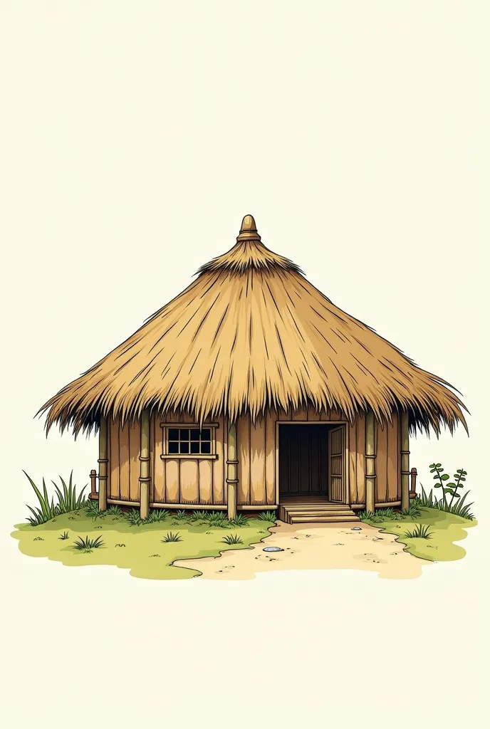 a drawing of a hut with a roof and a roof made of straw, an illustration of, drawn image, detailed illustration, longhouse, vignette illustration, bamboo huts, illustration], whole page illustration, farm, ( ( illustration, historical image, a sketch, hut,...