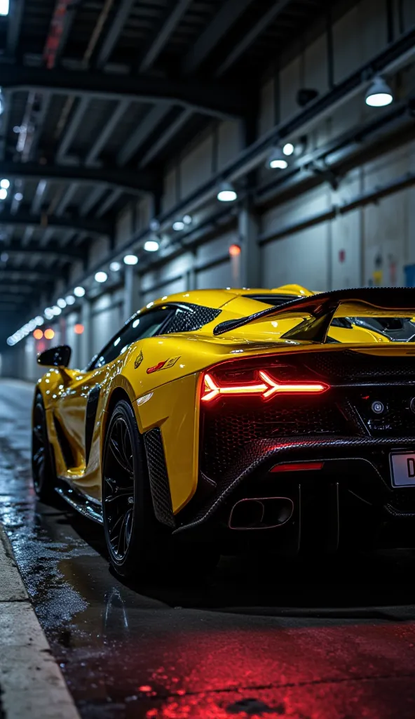 Luxury sports car, aerodynamic design, carbon fiber, uniform metallic yellow with black, rear lights; futuristic style, shiny alloy wheels, high-quality tires, raised spoiler, dual exhausts. Ideal for road. Elegant rear lighting. Background: underground tu...