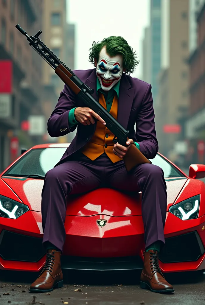 Create an image of the joker sitting in the hood of a red wine Lamborghini with an Ak-47 shooting 