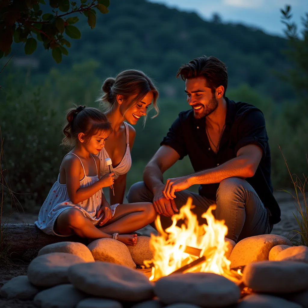 A warm summer night lies over the landscape, the campfire crackles quietly in a safe fireplace of large, rounded stones. The starry sky arches far above them, while the golden flickering of the flames bathes their faces in warm light. The little daughter s...