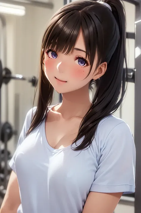 ((1 girl,solo))((black hair,ponytail,long hair))(((buruma), dark blue buruma, school, gym shirts, white shirts, white t-shirts, short sleeves, gym uniform))((thigh))((indoor))((standing))((v-shaped eyebrows))((half closed eyes))((sharp eyes))((sweat,blush,...