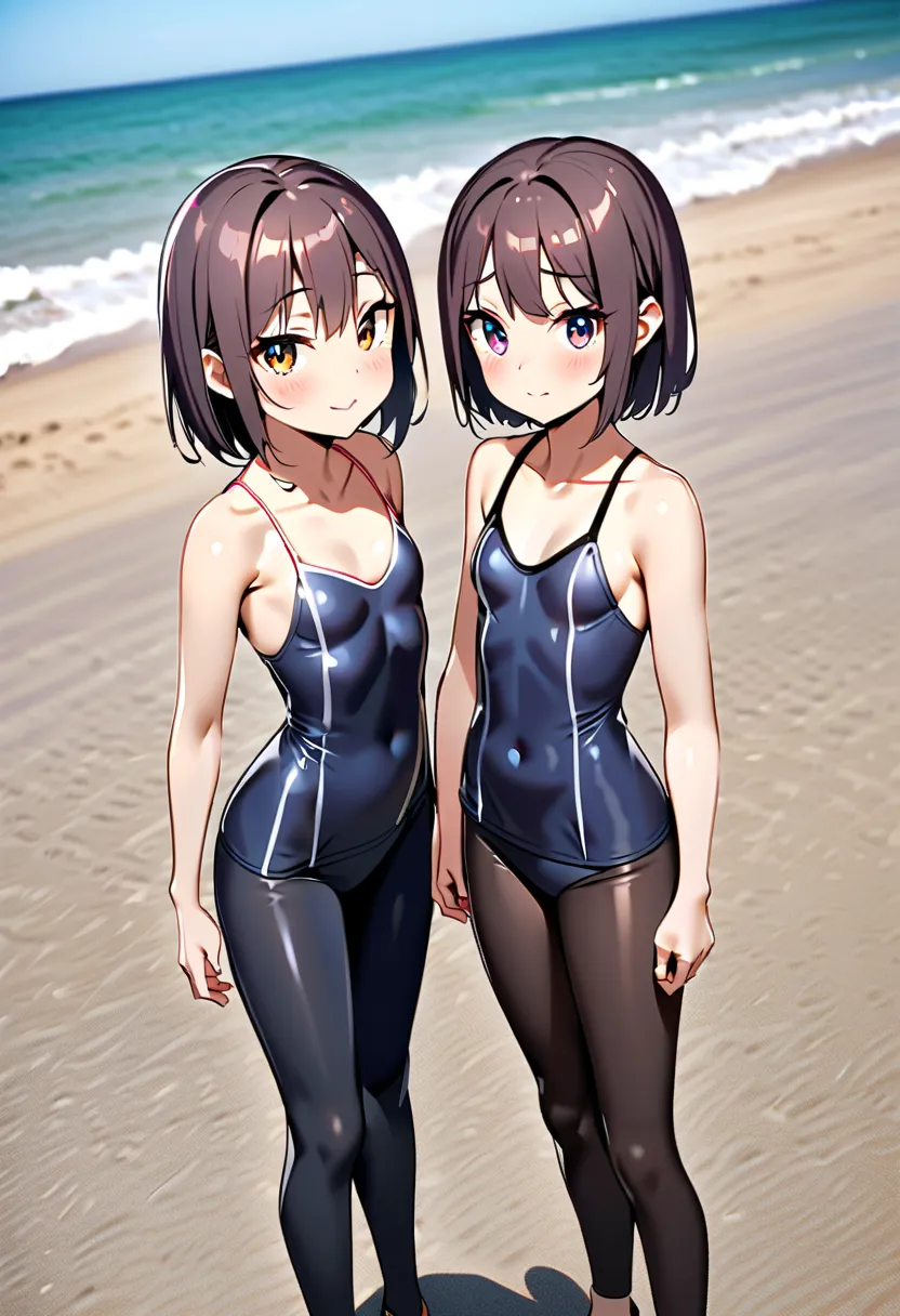 Two schoolren girls,  small breasts , Very thin body, in a swimsuit with leggings , oily body front view on the beach 