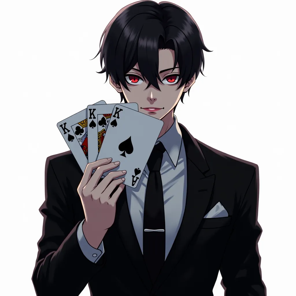 トランプの♣️K♠️Kを右手に持っていてこちらに向けている、Anime style man in a black suit,has a white background, 