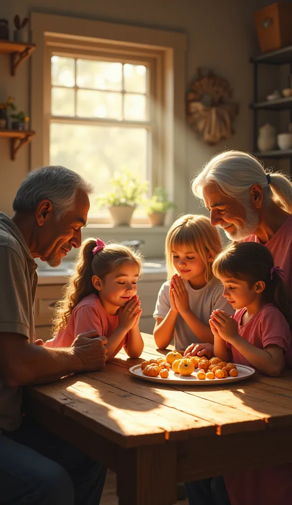 A family gathered at the breakfast table, thanking God for the day.