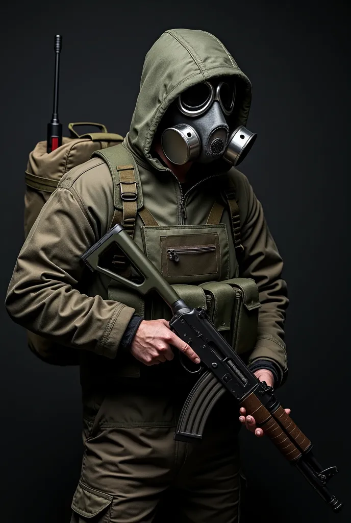 An operative in a gas beak mask, on his back is a small backpack with a radio. He is wearing a small unloading bulletproof vest. He is holding a Kalashnikov assault rifle (AK-47). On a dark background.