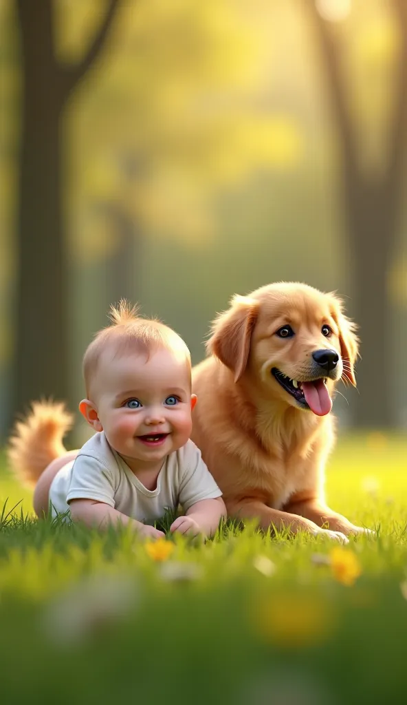 A hyper-realistic image of a baby, around one year old, lying on the grass in a park. The baby is smiling with a joyful expression, wearing a simple white onesie. The background is a soft blur of trees, sunlight filtering through the leaves, casting a warm...