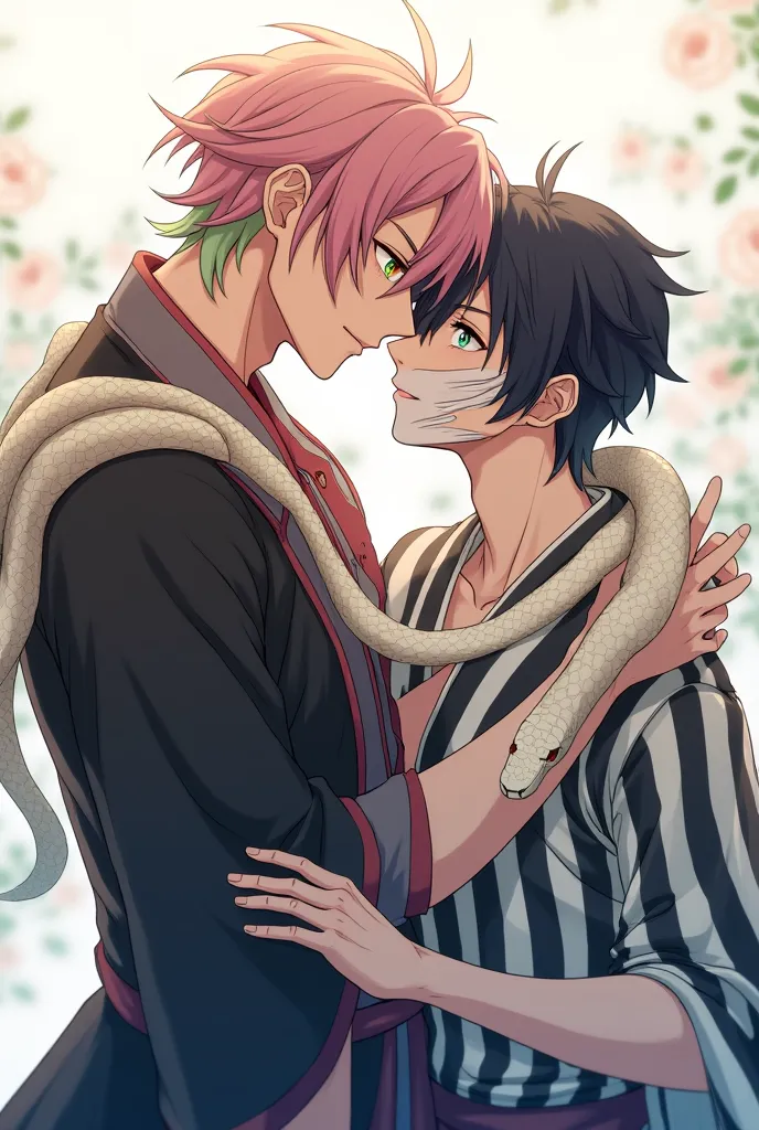 I want an image of MitsuoBa, where Mitsuri is a man and Iguro also, Let it be BL. That the two of them are seeing each other and Obanai has bandages that completely cover his mouth

Mitsuo is a man with an athletic build., with an average height and a defi...