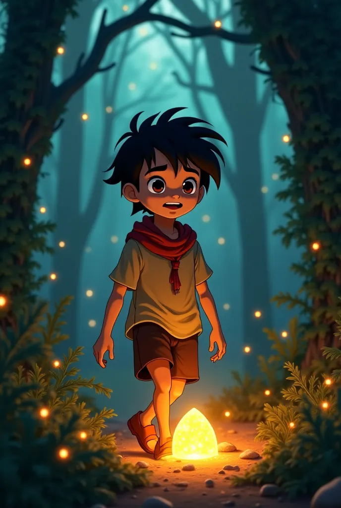 "A young anime boy (Arjun) with messy black hair and bright brown eyes walks through an ancient forest. The atmosphere is mystical, with glowing fireflies and a hidden temple covered in vines. The boy discovers a shining pendant buried in the ground, its g...