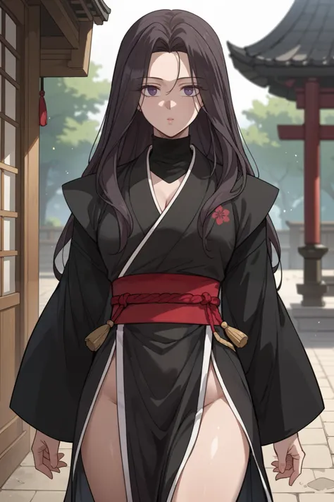 score_9, score_8_up, score_7_up, score_6_up, source_anime, rating_explicit, shiny skin,light particles,mature female, 1girl, slim body, slim legs, solo, cleavage, medeuim breast long hair, black hair, purple eyes, long sleeves, japanese clothes, kimono, re...