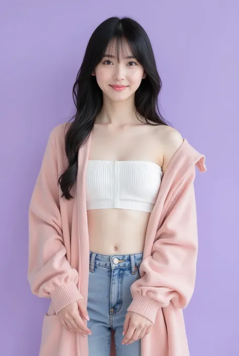 Create a realistic portrait of a beautiful Japanese idol girl in a cowboy shot. She has an elegant oval face, stunning eyes, and semi-long length black hair. Her physique is slim with a small chest and long legs. Dress her in fashionable spring attire agai...