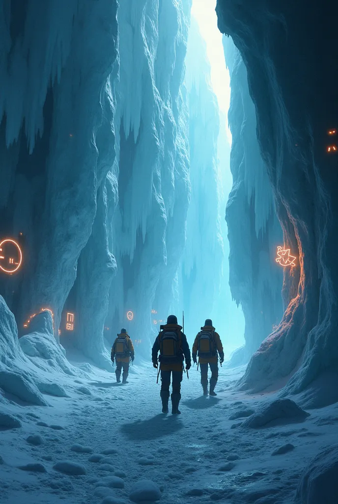 Antarctic, hidden city, ancient ruins, subterranean, ice cave, scientific expedition, research team, explorers, frozen wasteland, eerie shadows, moving figures, unseen presence, glowing symbols, ancient script, mysterious light, otherworldly glow, cold env...