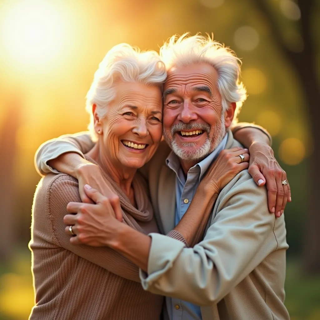 The couple is smiling warmly, embracing a joyful and healthy lifestyle. The background has soft sunlight filtering through, representing vitality, happiness, and well-being. Their posture is relaxed, showing fulfillment and contentment in their golden year...