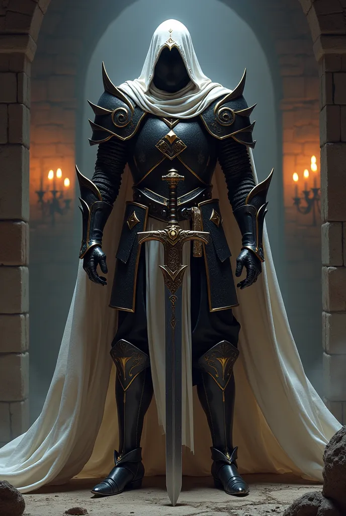 A paladin in black armor and white fabrics. With a sword in two hands. As the background for a game of Dungeon and Dragons