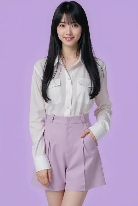 Create a realistic portrait of a beautiful Japanese idol girl in a cowboy shot. She has an elegant oval face, stunning eyes, and semi-long length black hair. Her physique is slim with a small chest and long legs. Dress her in fashionable spring attire agai...