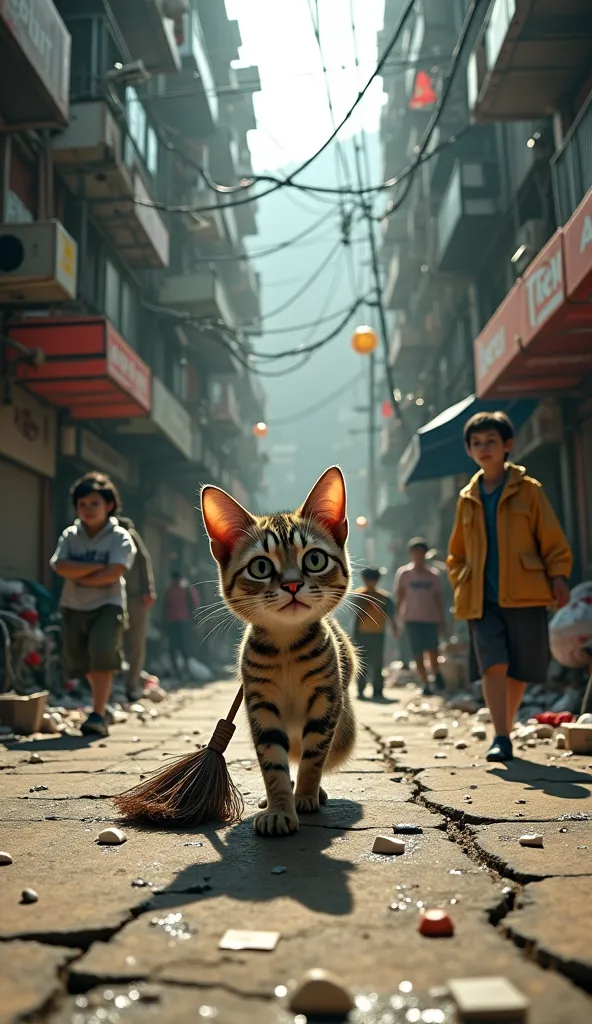 A poor cat sweep the dirty street in hongkong full of people 