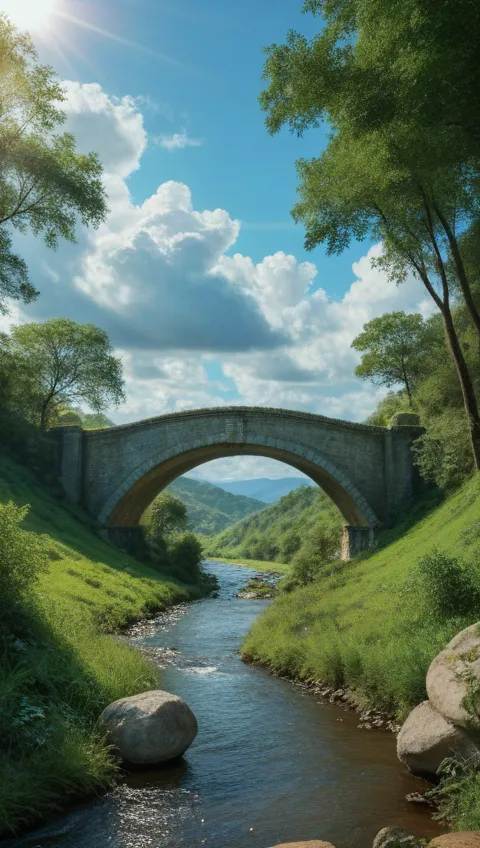 u, detailed landscape, wide angle view, dramatic cloudy sky, rolling hills, lush green meadows, winding river, ancient stone bridge, sunlight filtering through trees, digital art, matte painting, cinematic, highly detailed, 4k, hdr, ultra-detailed, photore...