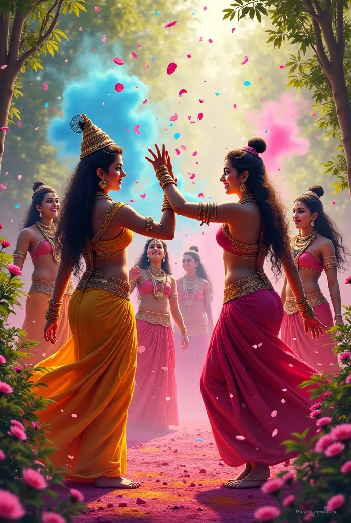 Pic of hindu gods and goddesses playing holi
