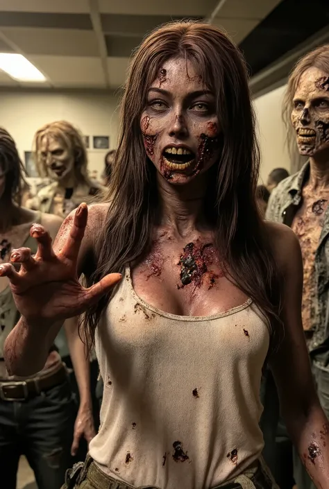 Zombie girl surrounded by other zombies, rotting flesh, open wounds, undead, open mouth with rotting teeth and blood, severed nose, blood and gore, bloody wounds, torn flesh, one arm reaching out to the viewer,