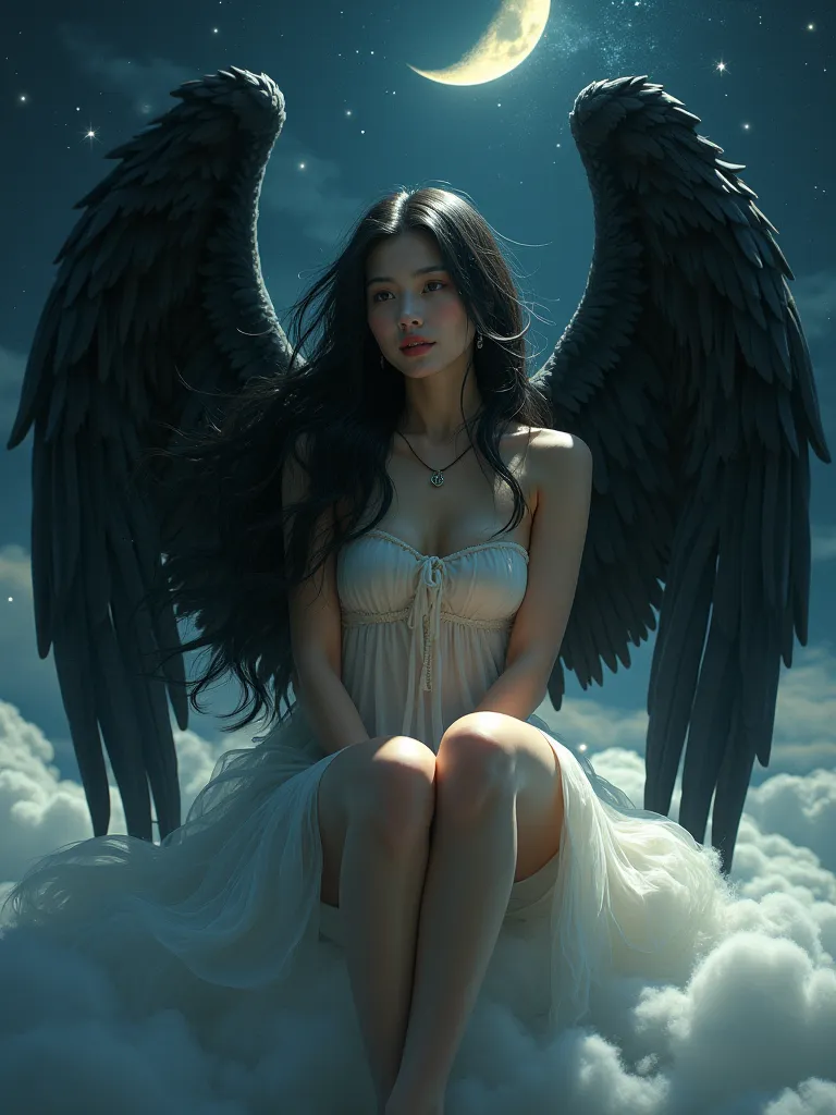 Female Angel, beautiful face, long black hair, large black wings, broken halo, sitting on a cloud, nighttime sky background, surreal, sexy, seductive, high detail, masterpiece.