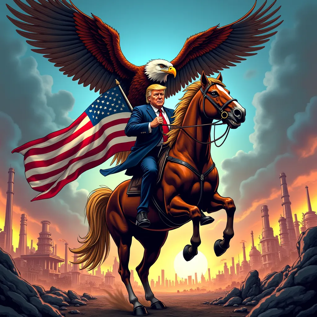 A powerful comic book-style illustration of Donald Trump riding a majestic horse, holding an $MIA – America flag, while an anthropomorphic eagle-man soars above him with his wings spread wide. The background is a dramatic battlefield of industry and innova...