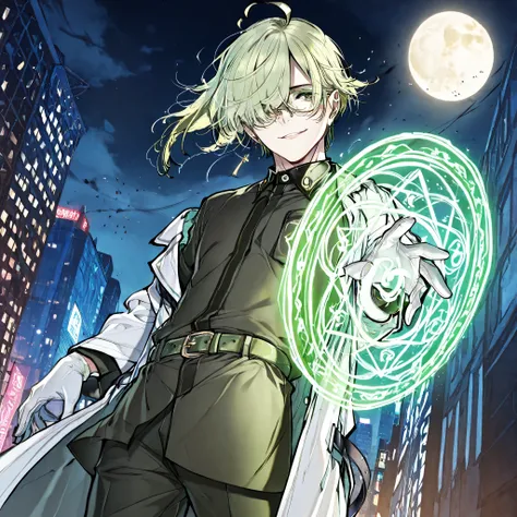 (boy), green ivy hair, green eyes, short cut, side part, ahoge, hair over one eye, short, solo, outside, at night, Thin, yellow half moon, pants,  grinning Smile, male, glasses, earrings, gloves, belt, delicate facial features, outside, in the city, Doctor...
