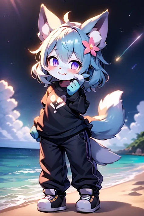 Cute  fur baby, le wolf, purple hair, purple eyes, black nose, cute tail, flower logo on ears, background, beach, midnight, sky, stars, high quality, costume, black shirt, cute flower logo, cute long pants, cute white shoes, cute happy face 