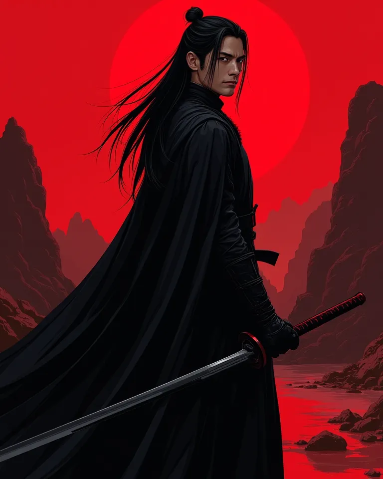 Handsome man with long black straight hair.  in a black long coat . with a sword in hand. Against the backdrop of a dark red landscape. 
 line art 