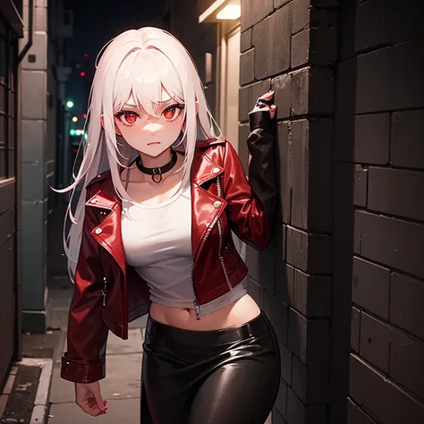 In a dark alley in the middle of the night, blushing, shy, and liking me, A tall female assassin with long white hair and sharp red eyes wearing a black leather jacket and leather skirt over a white t-shirt, wearing a choker