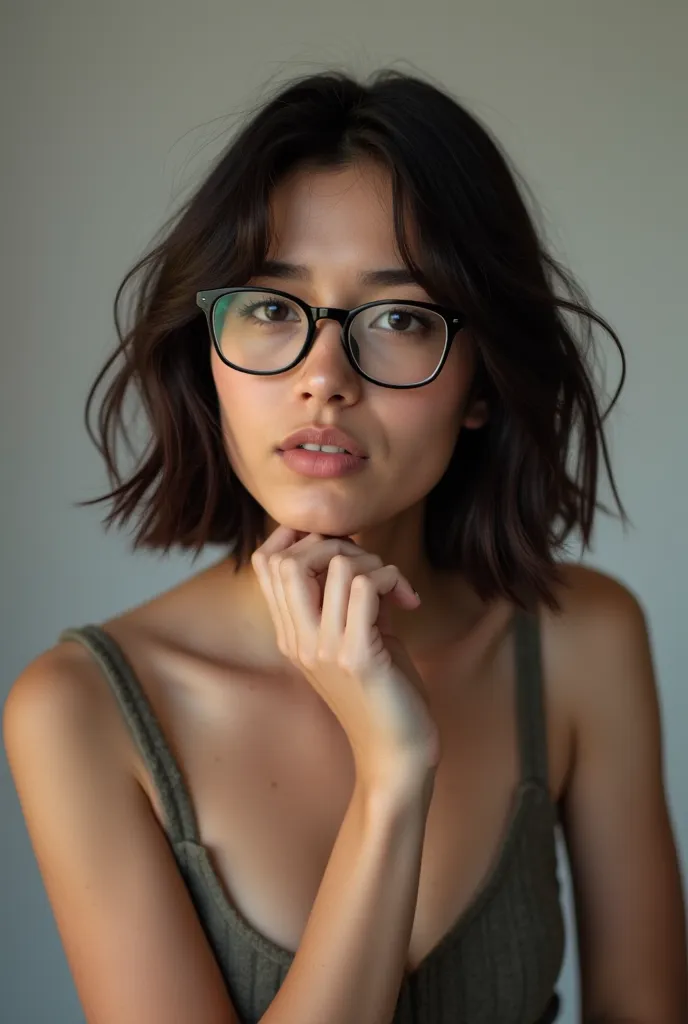 Photograph of a 19-year-old woman with Chilean features,  dark brown short hair , lentes 