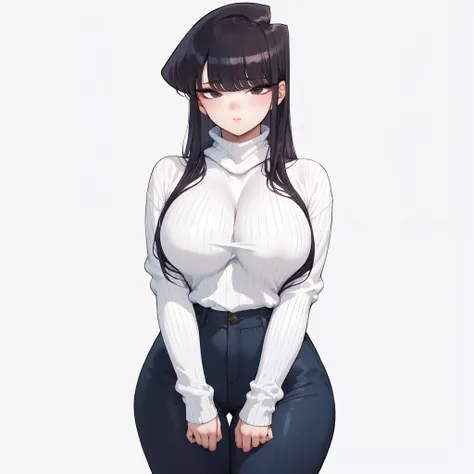 1girl, solo, komi_shouko, black eyes, black hair, long hair, big breasts, wide hips, thick thighs, white turtleneck ribbed sweater, black pants, blushed, shy, standing, looking at viewer, simple background, from the front view
