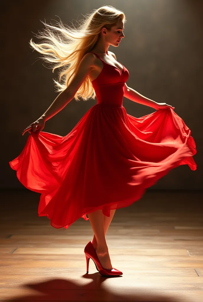 I want an image of a girl dancing in a tube on the table in a red dress and red high heels , with long, loose blonde hair 