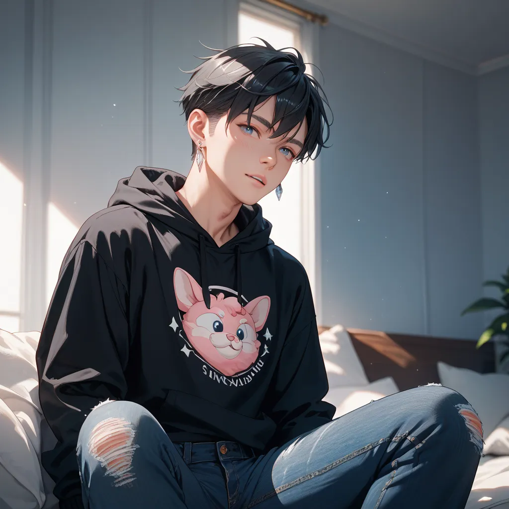 black hair pink inner　unisex man　model body type　Black Hoodie　 black jeans　silver earring with one ear