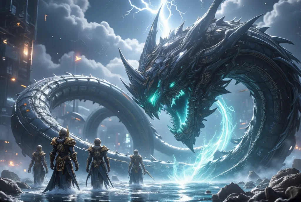 "A colossal sea serpent, Jörmungandr, its blackened, storm-lashed scales glinting with the chaotic fury of a dying star, coiling around the entire world in an unbreakable grip. Lightning fractures the darkened, vortex-filled sky as its glowing cyan eyes cu...