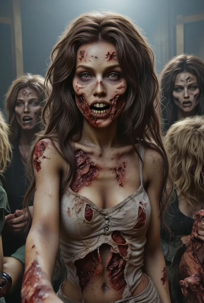 Zombie girl surrounded by other zombies, rotting flesh, open wounds, undead, open mouth with rotting teeth and blood, severed nose, blood and gore, bloody wounds, torn flesh, one arm reaching out to the viewer, 