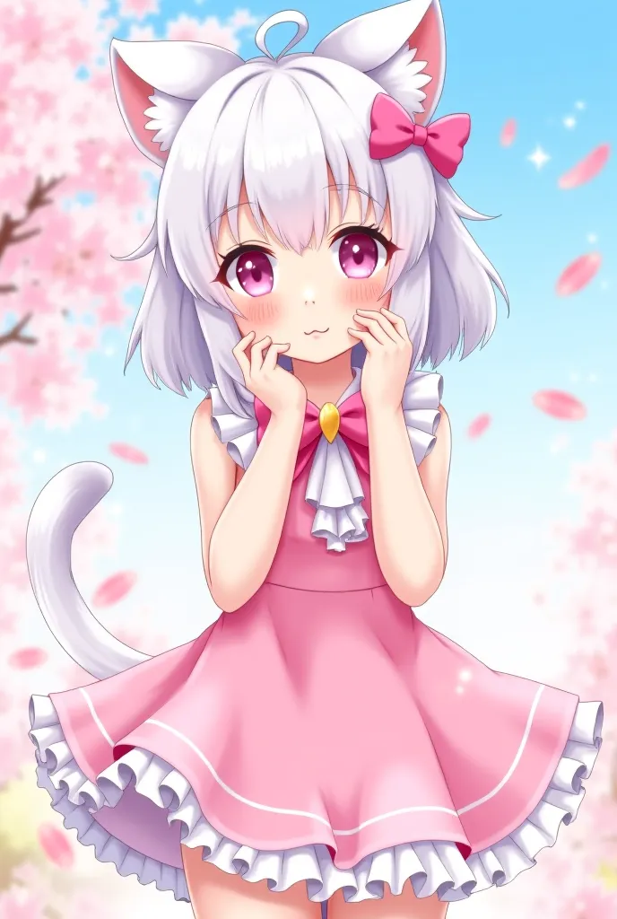 Make an anime character with white hair and cat ears wearing short pink clothes with a bow 
