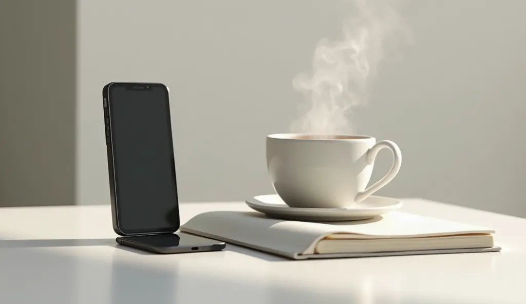 A cell phone screen with notifications off, next to a cup of tea and a notepad, representing a distraction-free work environment.