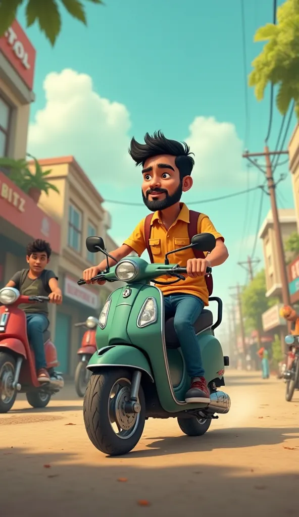 Create 3D Cartoon Style Image Scene 14 Sameer silently walks to the bike, hops on, and revs the engine. Before the others realize it, he speeds off, leaving them stranded. The three friends stare at each other in shock. Kabir groans, “Now who’s the prankst...