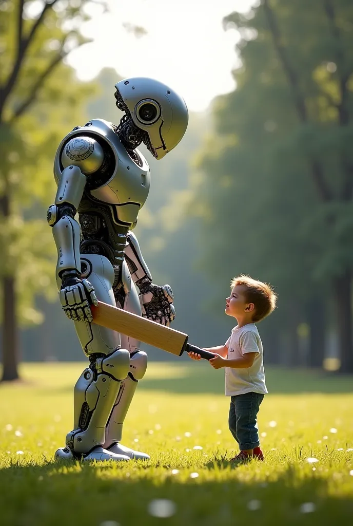 A futuristic humanoid robot playing cricket with a young boy in a park, the robot holding a bat while the boy throws the ball."