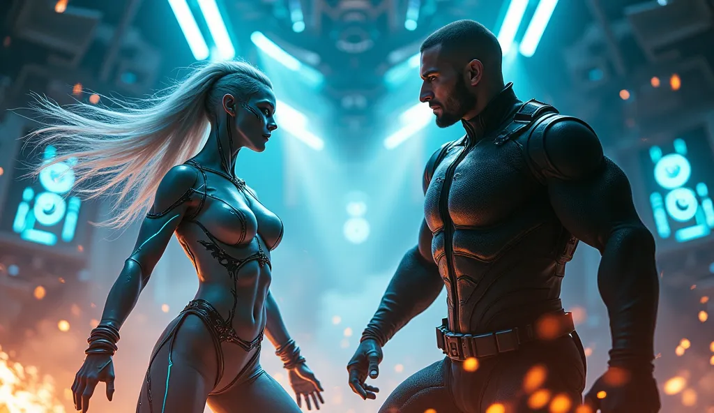 A cinematic, high-energy sci-fi action scene featuring a fierce alien princess with silver skin, glowing bioluminescent veins, and piercing luminous eyes facing off against a strong, battle-hardened human soldier in a futuristic combat arena. The alien wom...