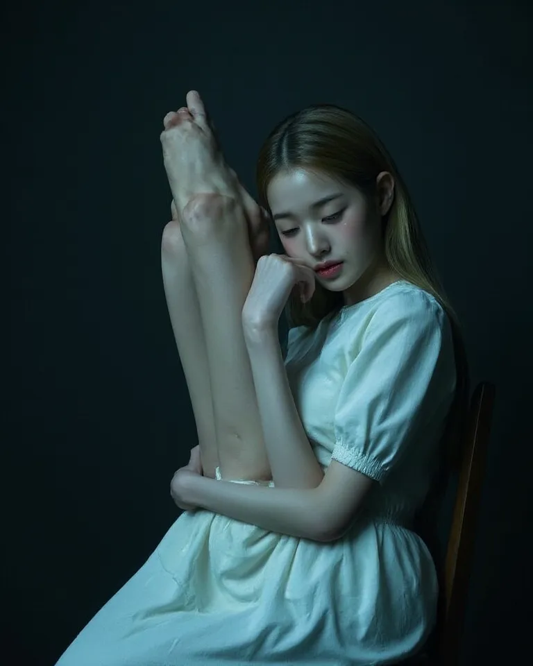 arafed image of a woman in a white dress sitting on a chair, pale young ghost girl, inspired in Lucifer, full - body majestic, Image inspired by suffering, girl hugging her legs, girl crying 