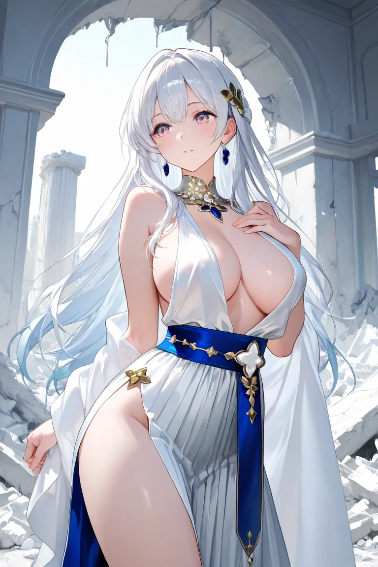 a beautiful woman wearing only a white wrap skirt and a blue decorative pageant sash, sexy, no bra, breast peaking out, background is white marble ruins, mediterranean