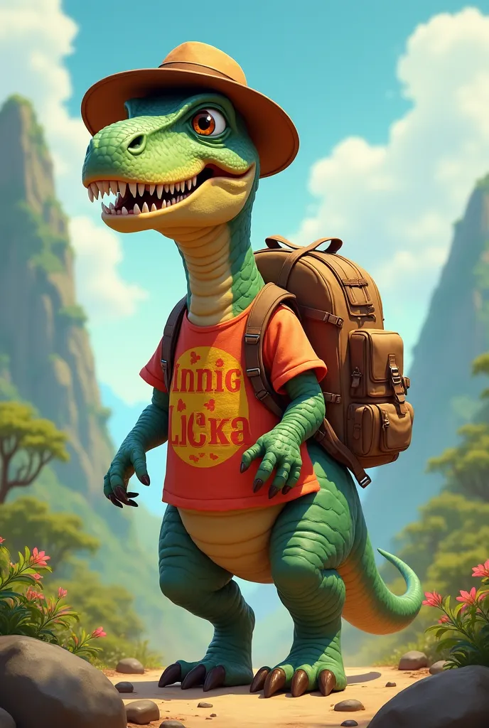 dinosaur walking with a travel backpack, hat and a t-shirt that says I love Lico