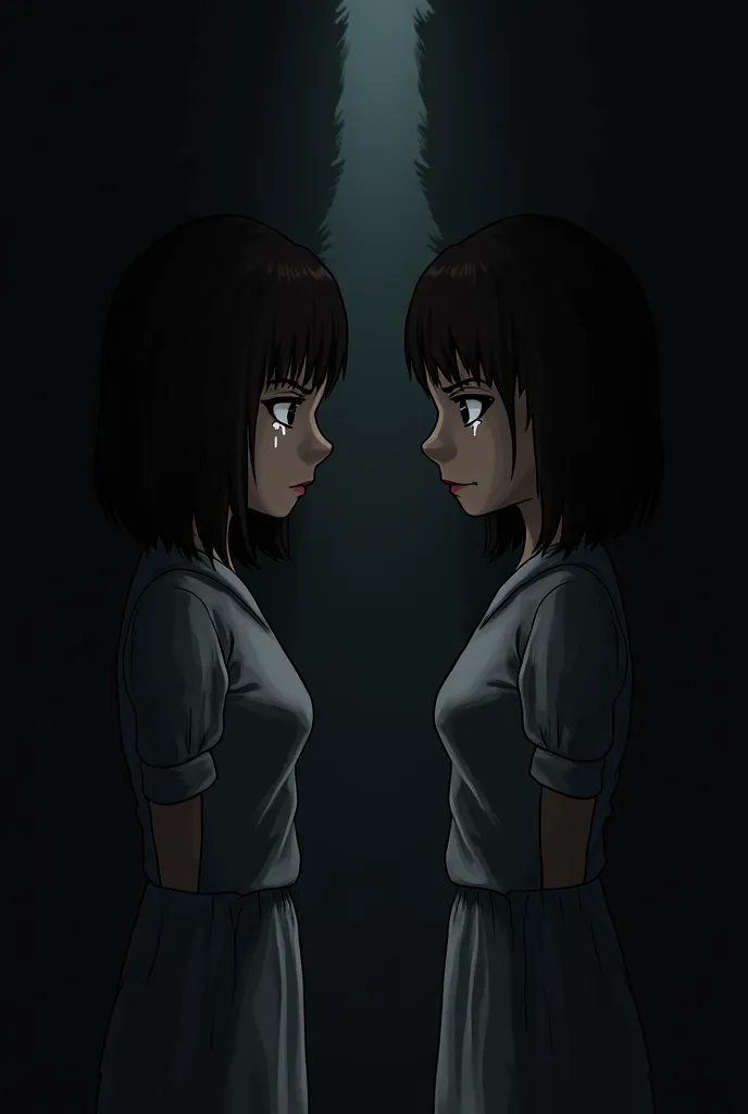 Picture of two sisters looking away from each other, one crying, and the other frowning with a black background and large gap in between them 