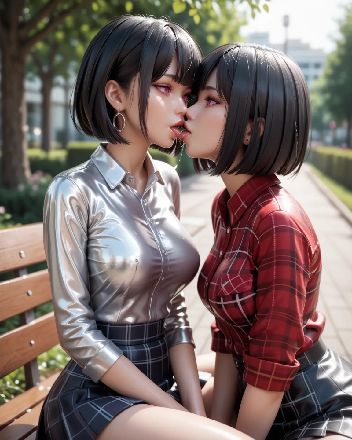 2 japanese girls,  Sits in the park , bob cut,   black hair  ,   in an extremely tight  , shiny silver latex polo shirt, straight bangs ,  saliva, salivafluss, salivaspur,     expressionless eyes , Breasts   ,    earrings,   pink eyes, medium skirt  , sedu...