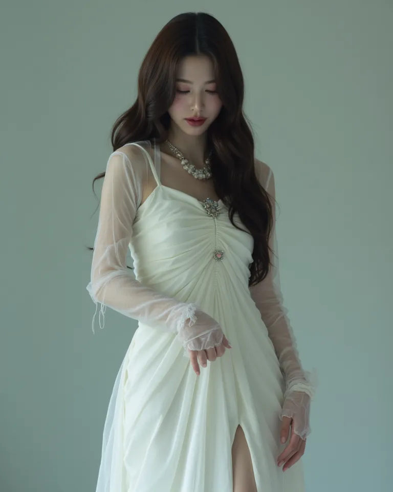 arafed image of a woman in a white dress, pale young ghost girl, inspired in "The Sadness of Lucifer", body majestic, Image inspired by suffering, girl hugging her legs, girl crying, girl suffering, Jang Wonyoung 