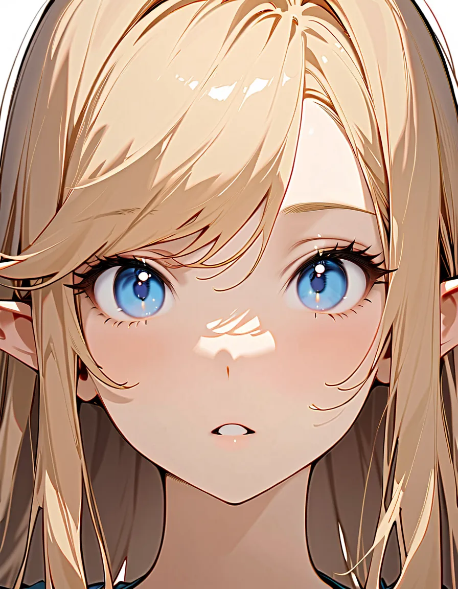 1girl, solo, pointy ears, blonde hair, swept bangs, long hair, blue eyes, parted lips, (simple background,white background),  masterpiece, highres, best quality , absurdres, cinematic, (straight-on), looking at viewer