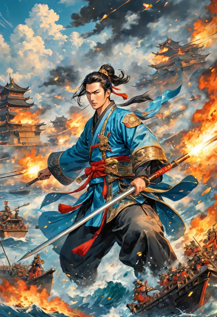 Ancient China in the Three Kingdoms,vice admiral Cam ning boy,big double handle, lead the soldiers to storm the projectile, burning the enemy's battleship.. light blue dominant.