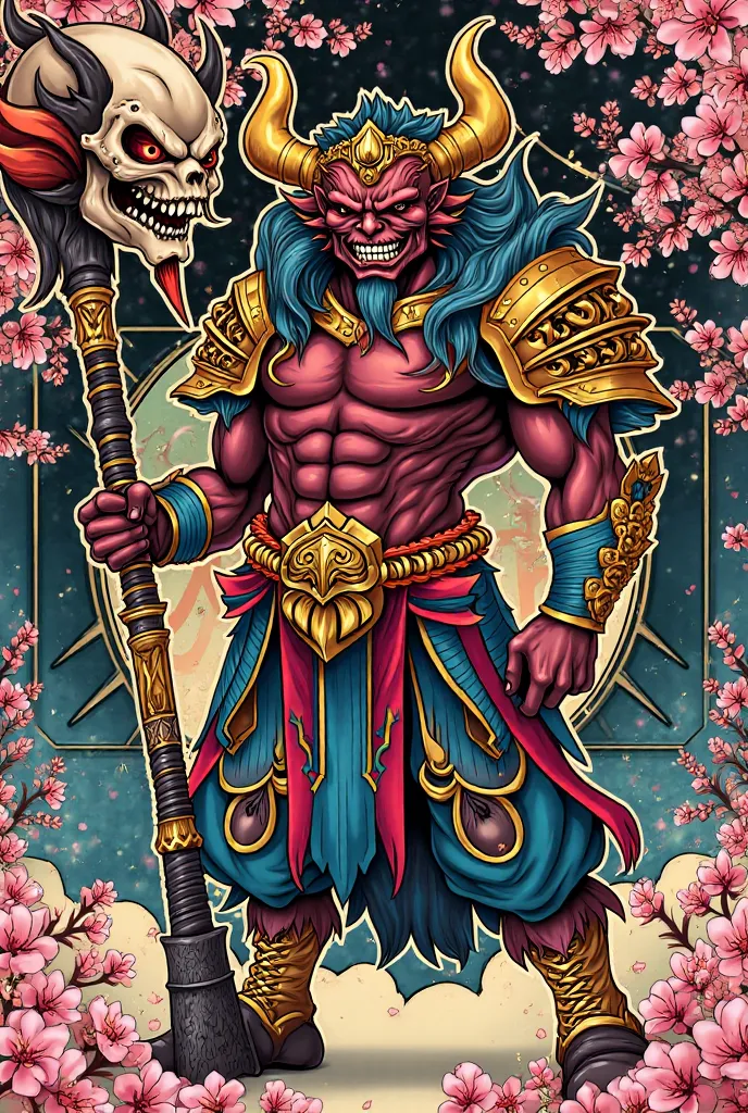 Create a tattoo design for a colored shikigami demon holding a metal club in one hand, and in the second hand the head of the defeated opponent, Japanese Sakura trees in the background 