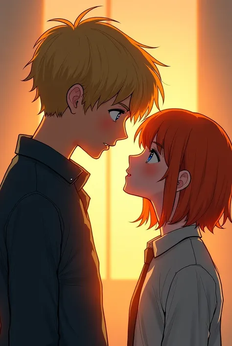 I want a picture of a young boy with straight blonde hair and dangerous eyes, standing in front of a girl with short orange hair as if he wanted to kiss her. I want a picture drawn by Digital